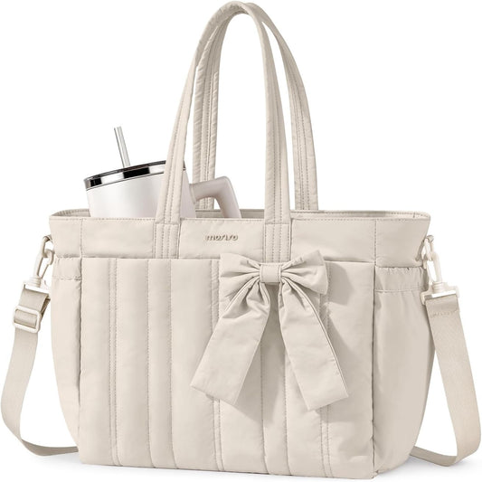 MOSISO Quilted-Puffy Laptop Tote Water-Resistant Multi-Pocket with Cup Holder, Anti-Theft Pocket, Trolley Sleeve & Removable Shoulder Strap, Fits 14-17.3Inch Laptop