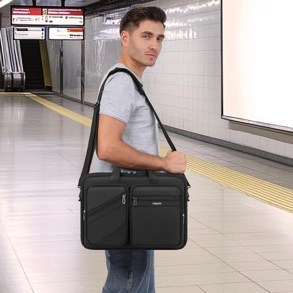 MOSISO Men’s Multi‑Zipper‑Pocket Laptop Briefcase, 15‑16‑Inch, Removable‑Adjustable‑Strap & Rear Trolley‑Sleeve