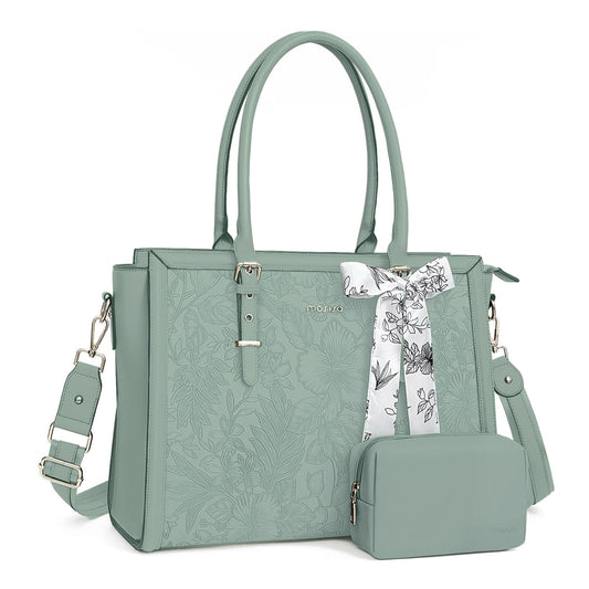 MOSISO Retro Embossed Hibiscus PU Laptop Tote Bag for Women, Multi-Way Work Briefcase with Silk Scarf & Matching Clutch Fits 16/17.3 Inch Notebooks