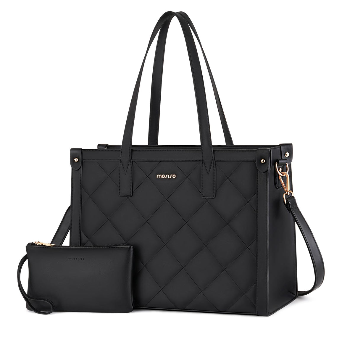 MOSISO Women Rhombus Quilted PU Leather 15.6 Inch Laptop Tote Bag, Work Teacher Briefcase with Cup Holders & Matching Clutch Purse