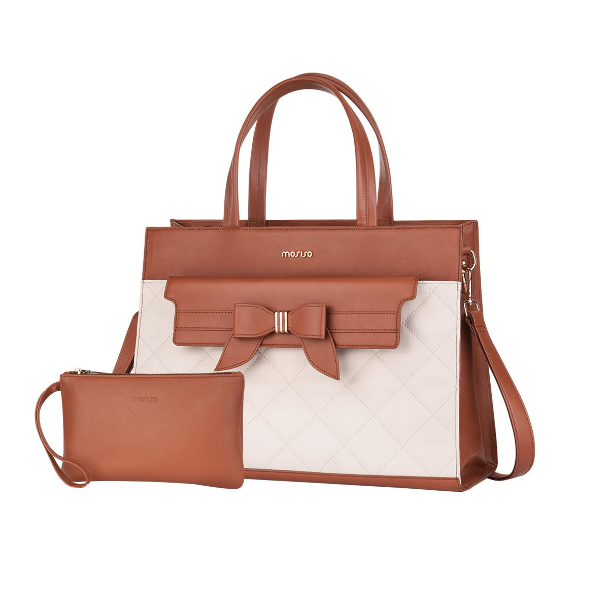 MOSISO Women Waterproof PU Leather 15.6 Inch Laptop Tote Bag, Flap Pocket Bowknot Work Briefcase with Matching Clutch Purse