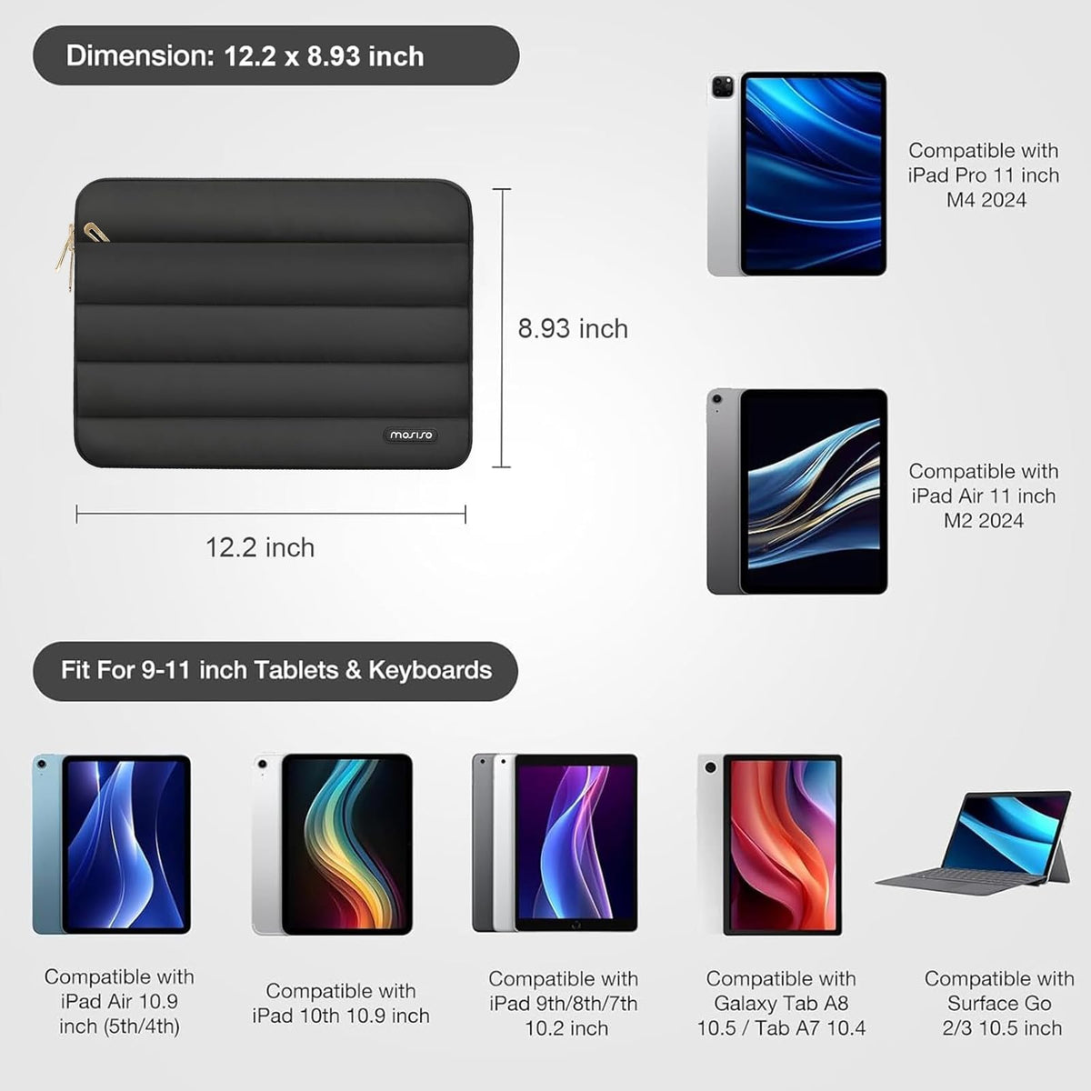 Mosiso Puffy 2-in-1 Tablet Sleeve 9-11 Inch — Quilted Shockproof Case with Accessory Pouch for iPad Pro/Air, Galaxy Tab & Surface Go
