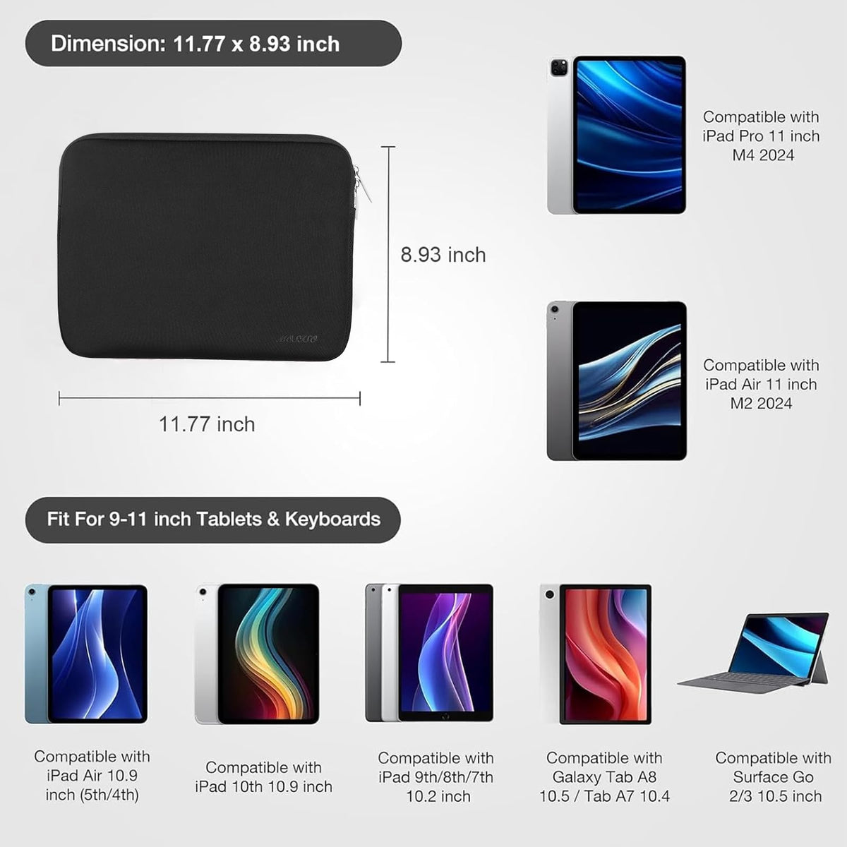 MOSISO 9-11 inch Tablet Sleeve Case for iPad A16 2025, iPad Air 11 inch M3 M2, iPad Pro 11 M4, iPad 10/9/8/7th, Galaxy Tab A9+/S9/S8/Plus 11