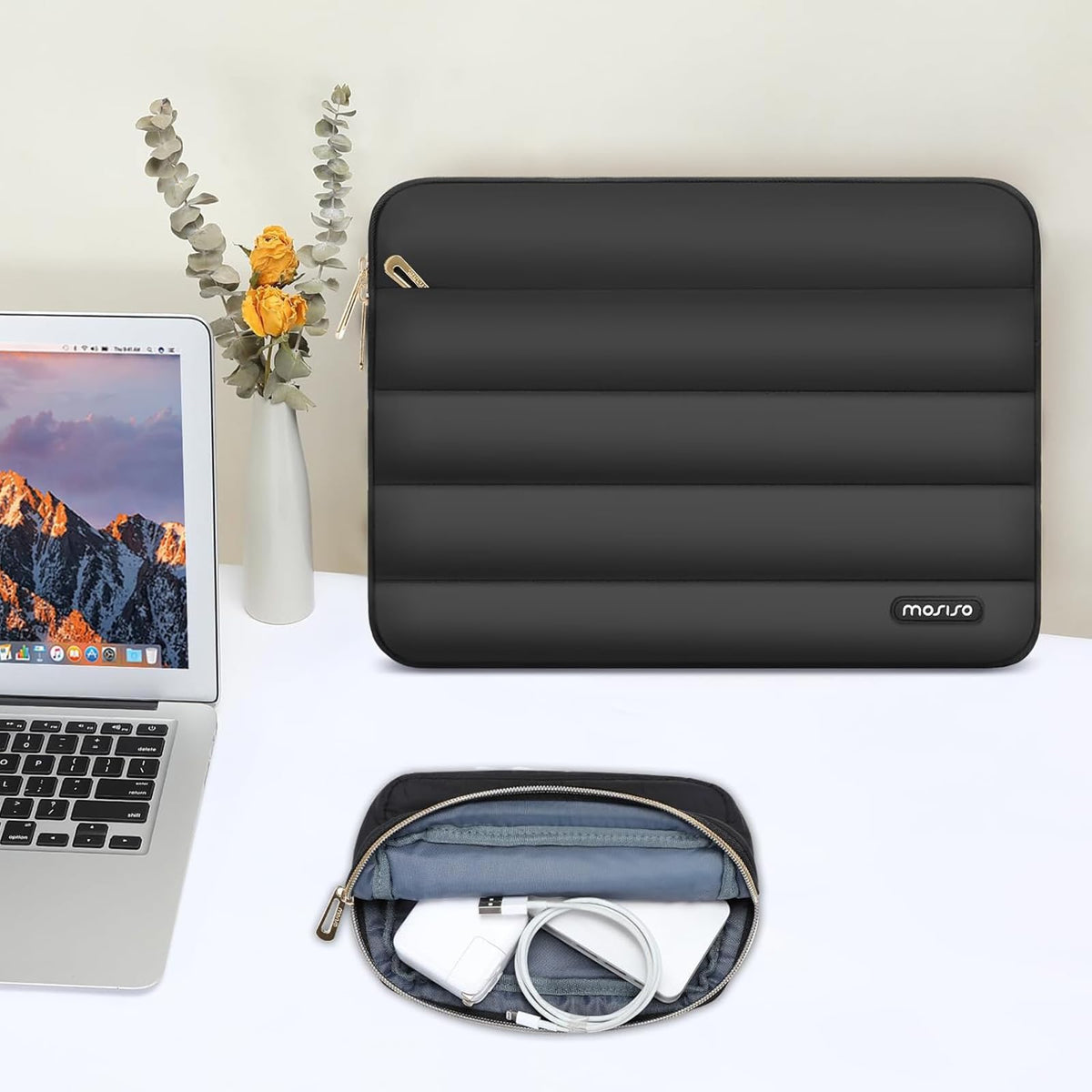 Mosiso Puffy 2-in-1 Tablet Sleeve 9-11 Inch — Quilted Shockproof Case with Accessory Pouch for iPad Pro/Air, Galaxy Tab & Surface Go
