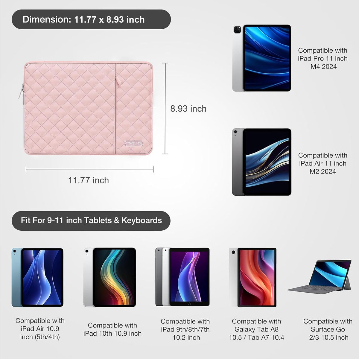 MOSISO Square Quilted Vertical 2-in-1 Tablet Sleeve 9-11 Inch — Front Access Pocket & Matching Mini Pouch for iPad Air/Pro, Galaxy Tab A9+/S9