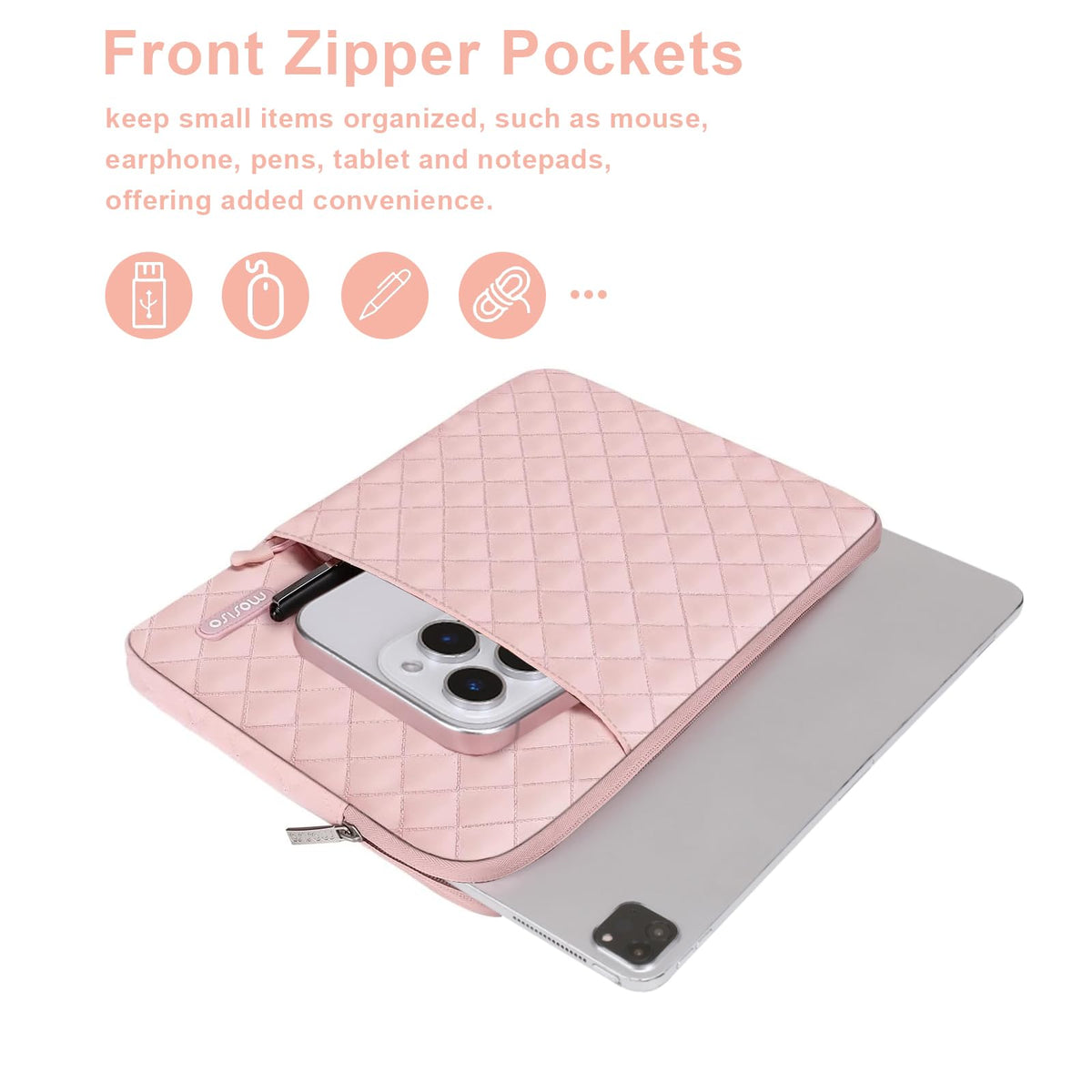 MOSISO Square Quilted Vertical 2-in-1 Tablet Sleeve 9-11 Inch — Front Access Pocket & Matching Mini Pouch for iPad Air/Pro, Galaxy Tab A9+/S9