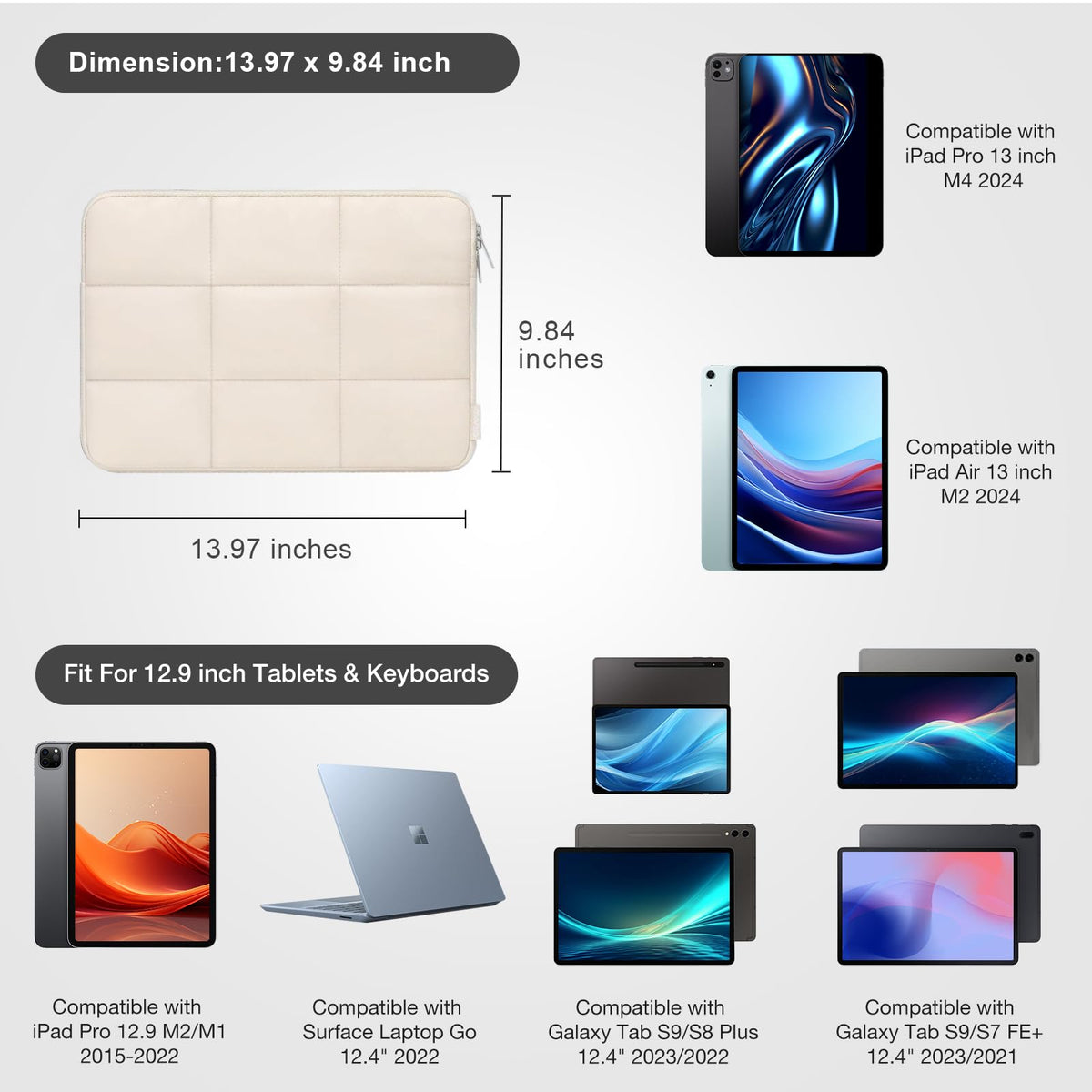 MOSISO Rectangle‑Quilted‑Puffy Tablet Sleeve,11‑Inch &12.9‑13‑Inch, Fits iPad with Magic‑Keyboard Folio