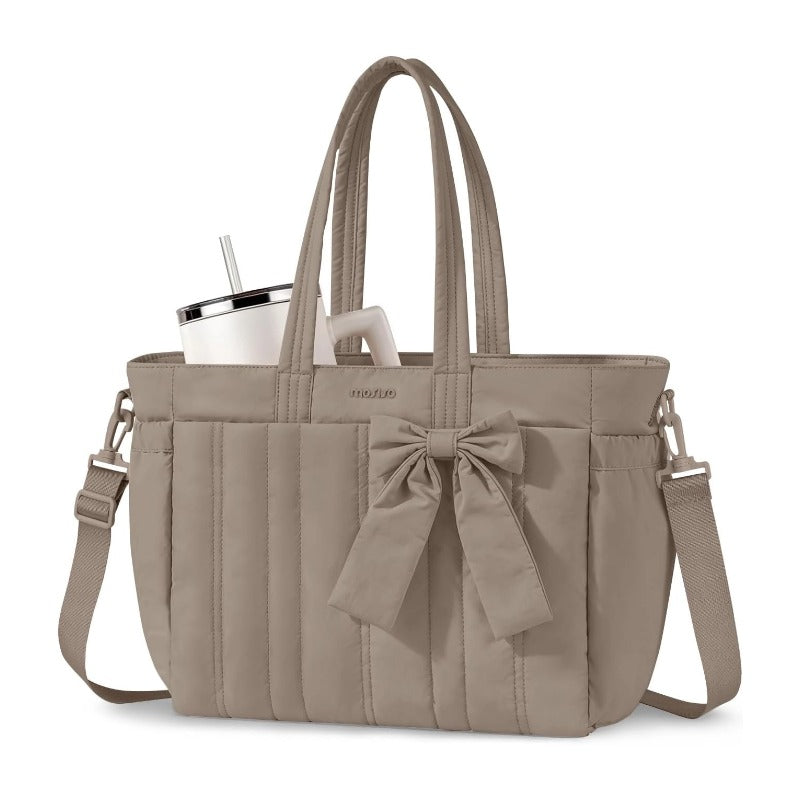 MOSISO Quilted-Puffy Laptop Tote Water-Resistant Multi-Pocket with Cup Holder, Anti-Theft Pocket, Trolley Sleeve & Removable Shoulder Strap, Fits 14-17.3Inch Laptop
