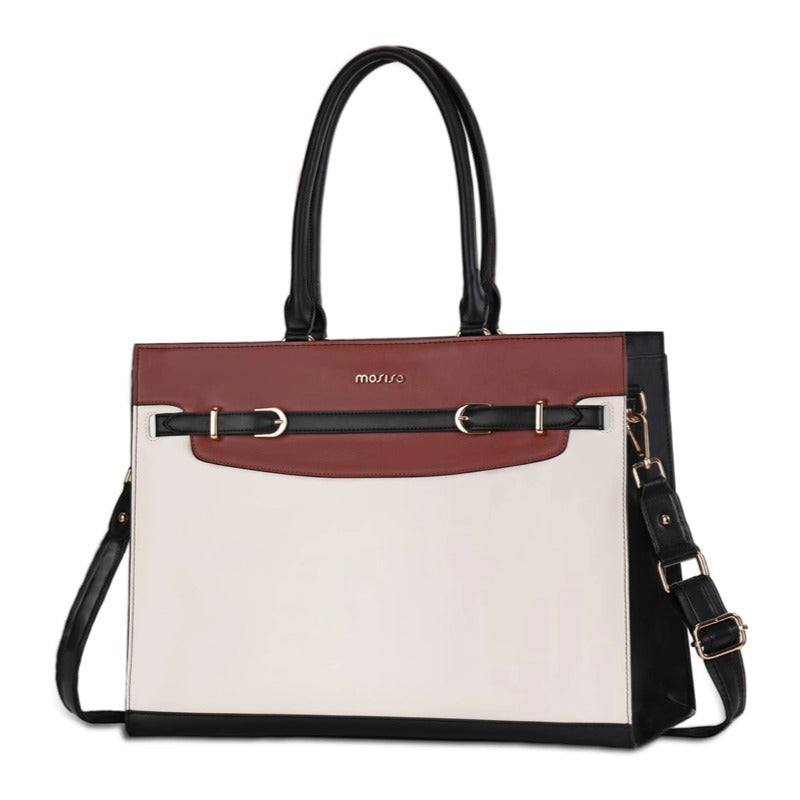 MOSISO Women PU-Leather 15.6-Inch Laptop Tote Bag,3-Multi-Compartment,Removable-Adjustable-Strap & Rivet-Reinforced-Base