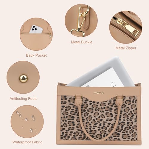 MOSISO Leopard Print Color Block Waterproof Work Tote Set with Cosmetic Pouch, Multi-Pocket Laptop Tote Fits 15.6 Inch Laptops for Office Teacher College Women