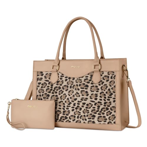 MOSISO Leopard Print Color Block Waterproof Work Tote Set with Cosmetic Pouch, Multi-Pocket Laptop Tote Fits 15.6 Inch Laptops for Office Teacher College Women