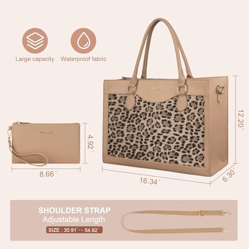 MOSISO Leopard Print Color Block Waterproof Work Tote Set with Cosmetic Pouch, Multi-Pocket Laptop Tote Fits 15.6 Inch Laptops for Office Teacher College Women
