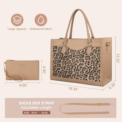 MOSISO Leopard Print Color Block Waterproof Work Tote Set with Cosmetic Pouch, Multi-Pocket Laptop Tote Fits 15.6 Inch Laptops for Office Teacher College Women