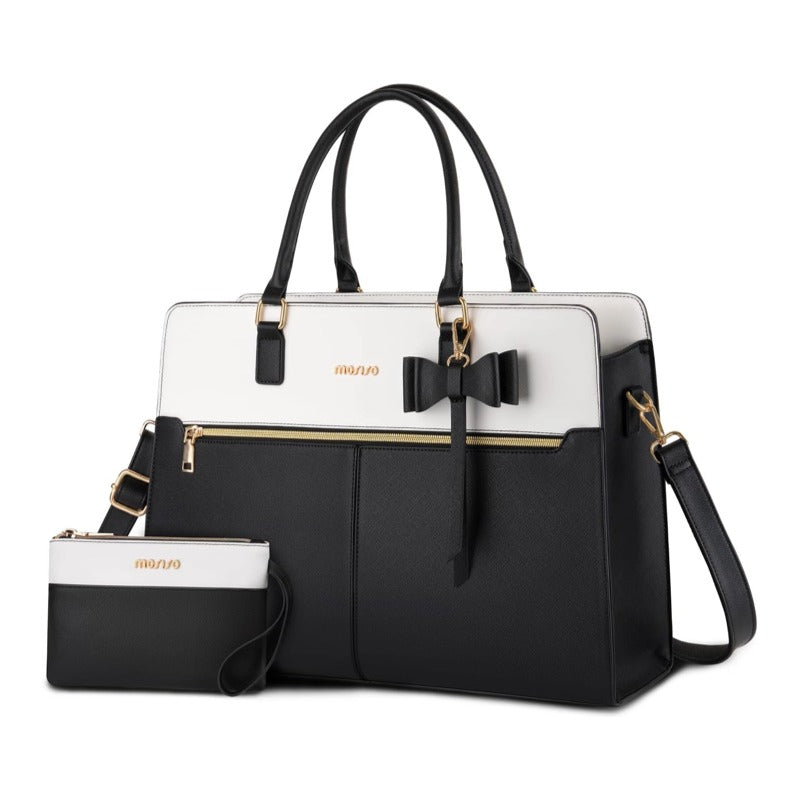 MOSISO Bow Accent Two-Tone Faux Leather Tote Set with Cosmetic Pouch, Multi-Pocket Laptop Tote Fits 15.6 & 17.3 Inch Laptop for Teacher College Women