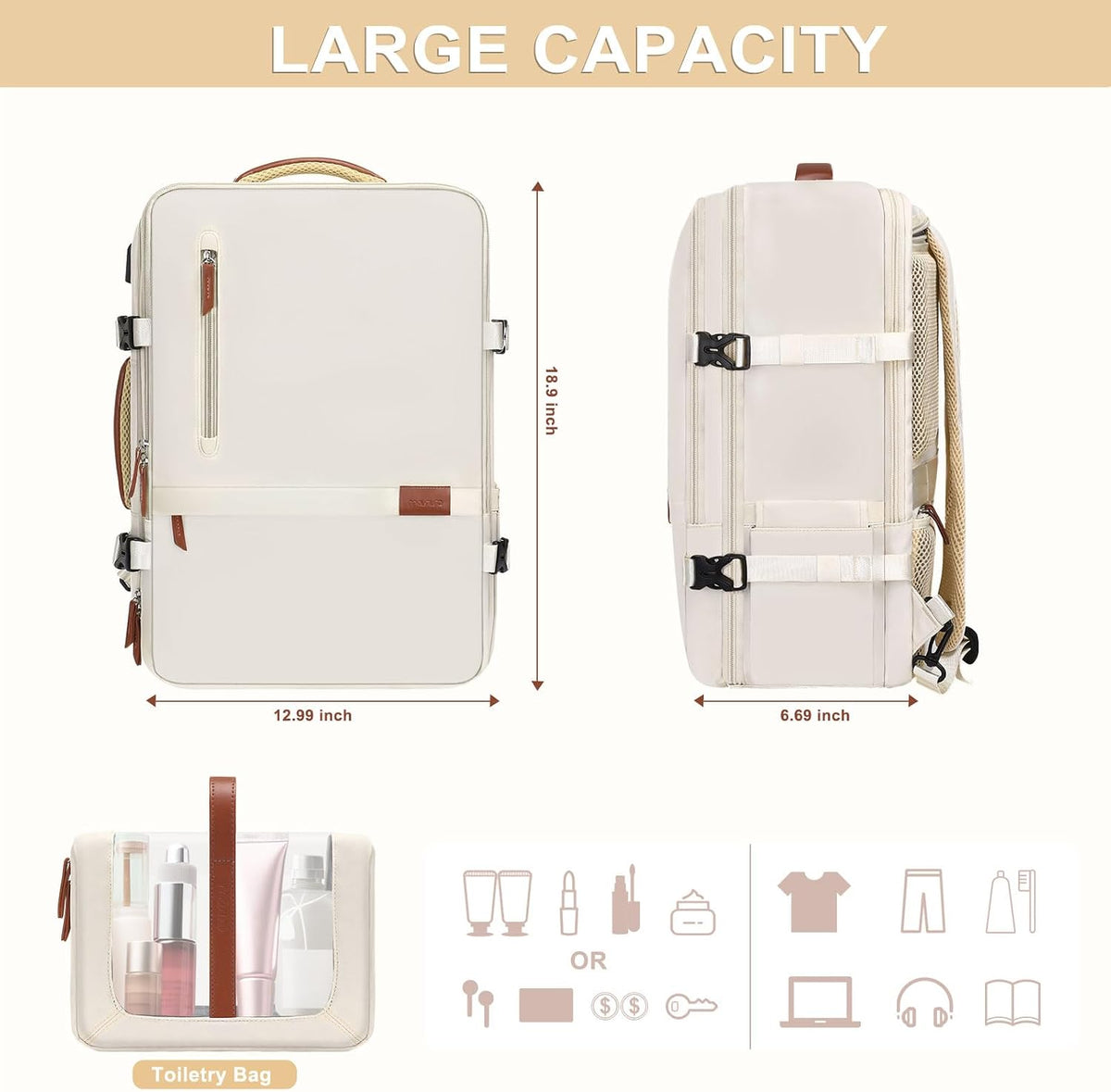 MOSISO 40L Airline Approved Carry On Backpack, Fits 17.3 Inch Laptops with USB Port, Hidden Straps, Shoe Compartment & Matching Clear Toiletry Pouch