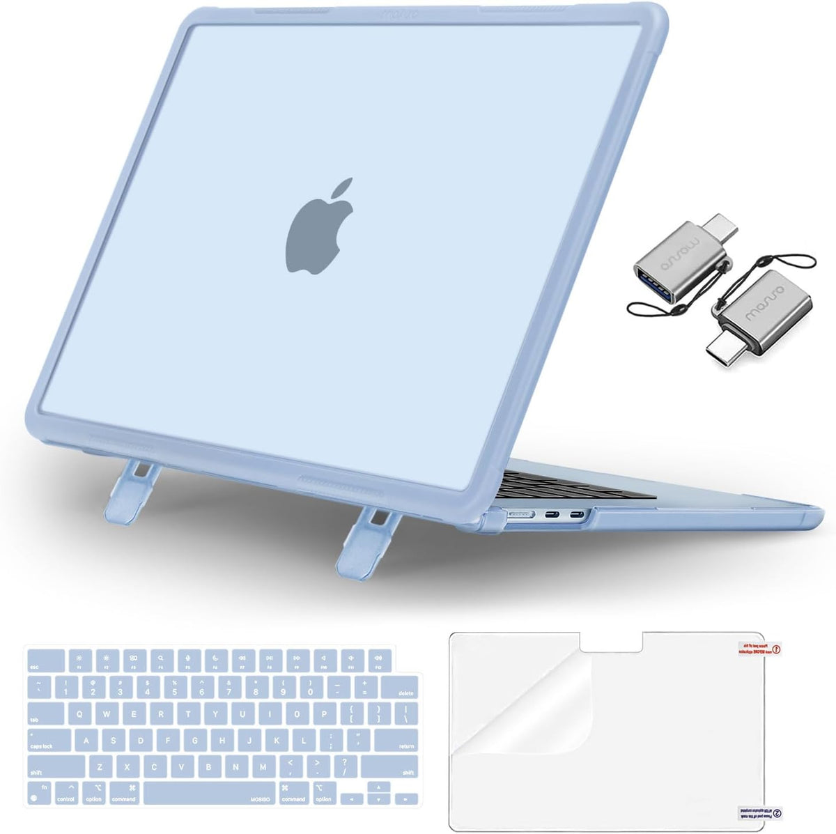 MOSISO 4‑in‑1 Matte Hard‑Shell Kit for MacBook Air 15‑Inch, Foldable Kickstand, Includes Shell, Keyboard Cover, Screen Film & USB‑C Adapters