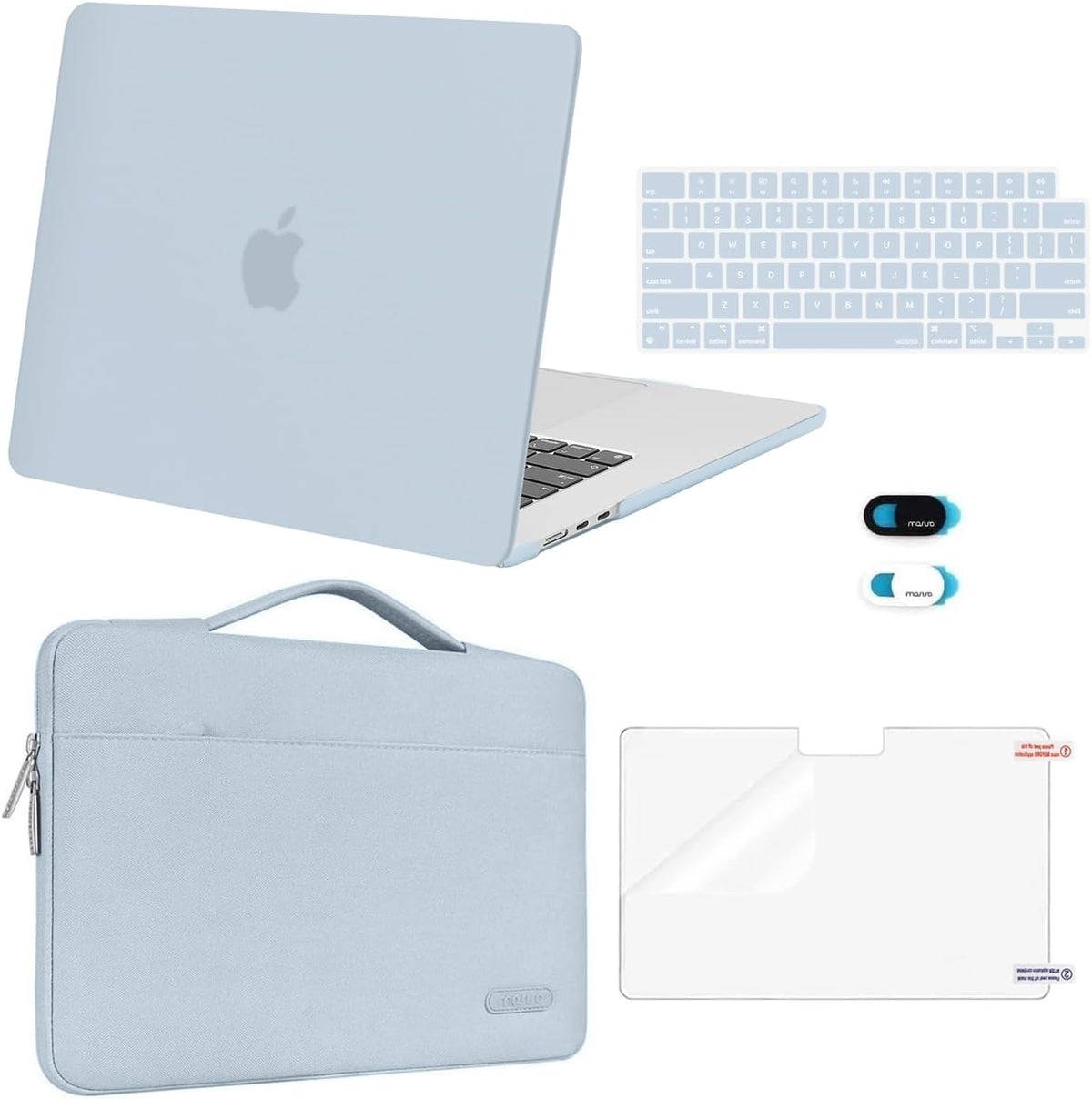 MOSISO 5‑in‑1 Hard‑Shell & Carry‑Sleeve Kit for MacBook Air 15(A3448/A3241/A3114/A2941), Keyboard‑Cover, Screen‑Film & Webcam‑Cover