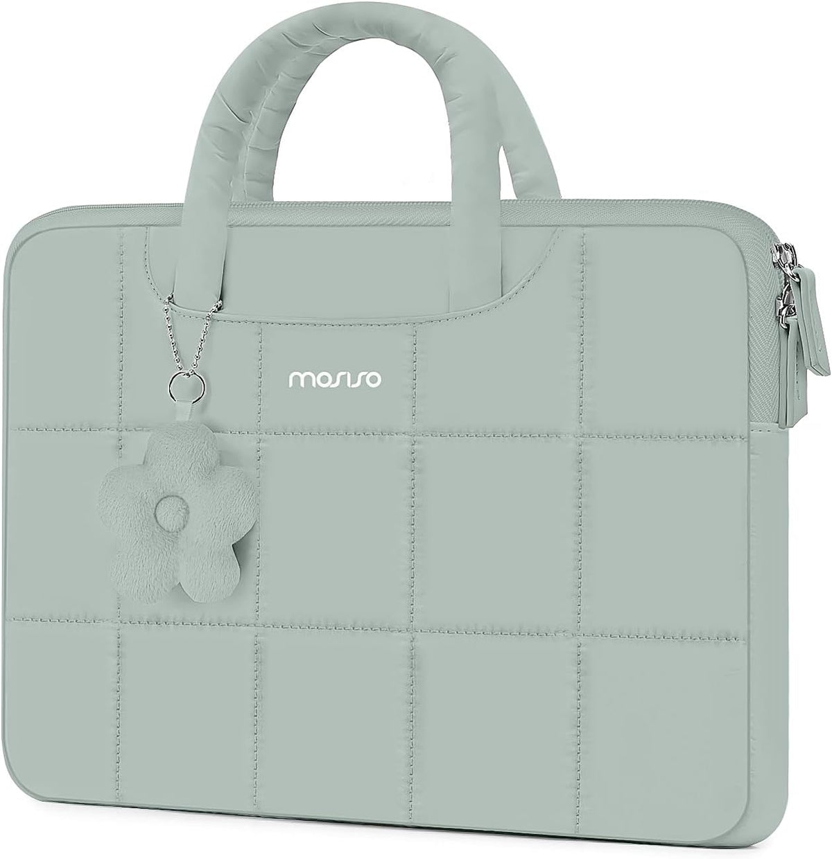 MOSISO Grid Quilted Puffy Laptop Sleeve with Padded Handle & Flower Charm, Shockproof Waterproof, Fits 13.3–16 Inch MacBook HP Dell ASUS Lenovo Notebook