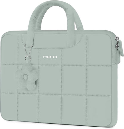 MOSISO Grid Quilted Puffy Laptop Sleeve with Padded Handle & Flower Charm, Shockproof Waterproof, Fits 13.3–16 Inch MacBook HP Dell ASUS Lenovo Notebook