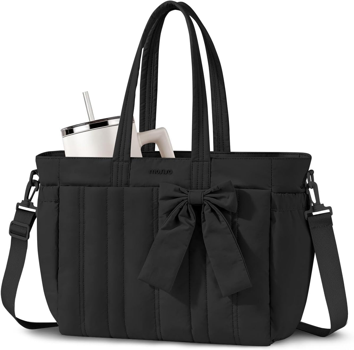 MOSISO Quilted-Puffy Laptop Tote Water-Resistant Multi-Pocket with Cup Holder, Anti-Theft Pocket, Trolley Sleeve & Removable Shoulder Strap, Fits 14-17.3Inch Laptop