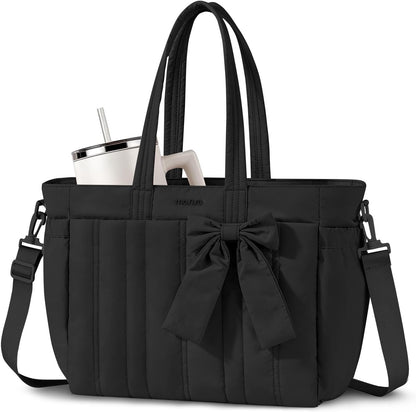 MOSISO Quilted-Puffy Laptop Tote Water-Resistant Multi-Pocket with Cup Holder, Anti-Theft Pocket, Trolley Sleeve & Removable Shoulder Strap, Fits 14-17.3Inch Laptop