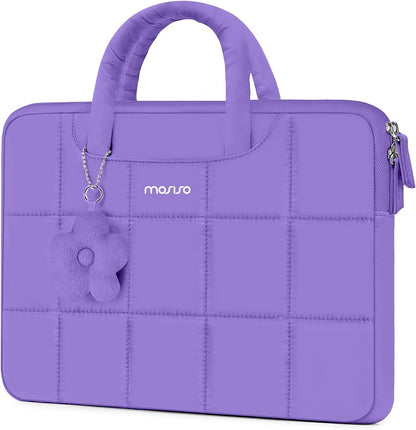 MOSISO Grid Quilted Puffy Laptop Sleeve with Padded Handle & Flower Charm, Shockproof Waterproof, Fits 13.3–16 Inch MacBook HP Dell ASUS Lenovo Notebook