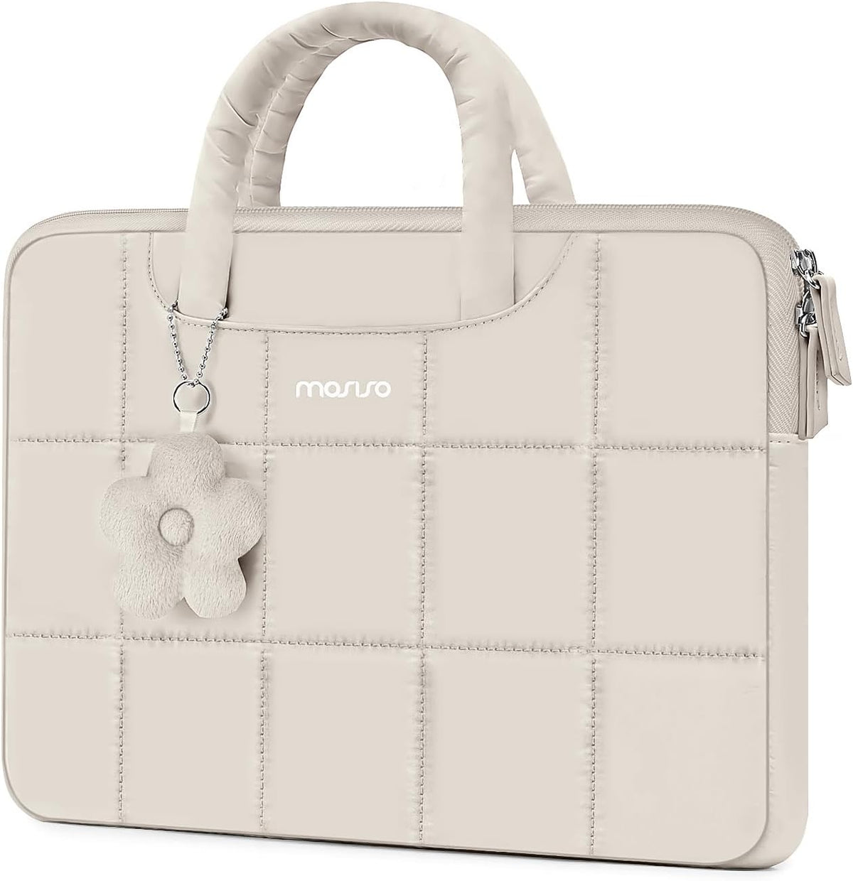 MOSISO Grid Quilted Puffy Laptop Sleeve with Padded Handle & Flower Charm, Shockproof Waterproof, Fits 13.3–16 Inch MacBook HP Dell ASUS Lenovo Notebook