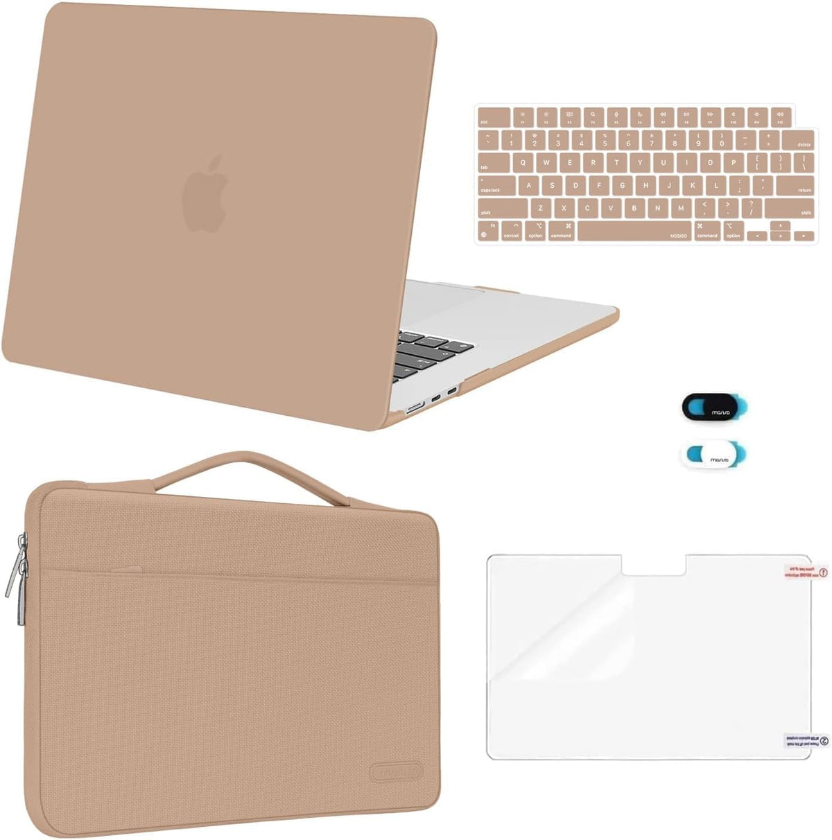 MOSISO 5‑in‑1 Hard‑Shell & Carry‑Sleeve Kit for MacBook Air 15(A3448/A3241/A3114/A2941), Keyboard‑Cover, Screen‑Film & Webcam‑Cover