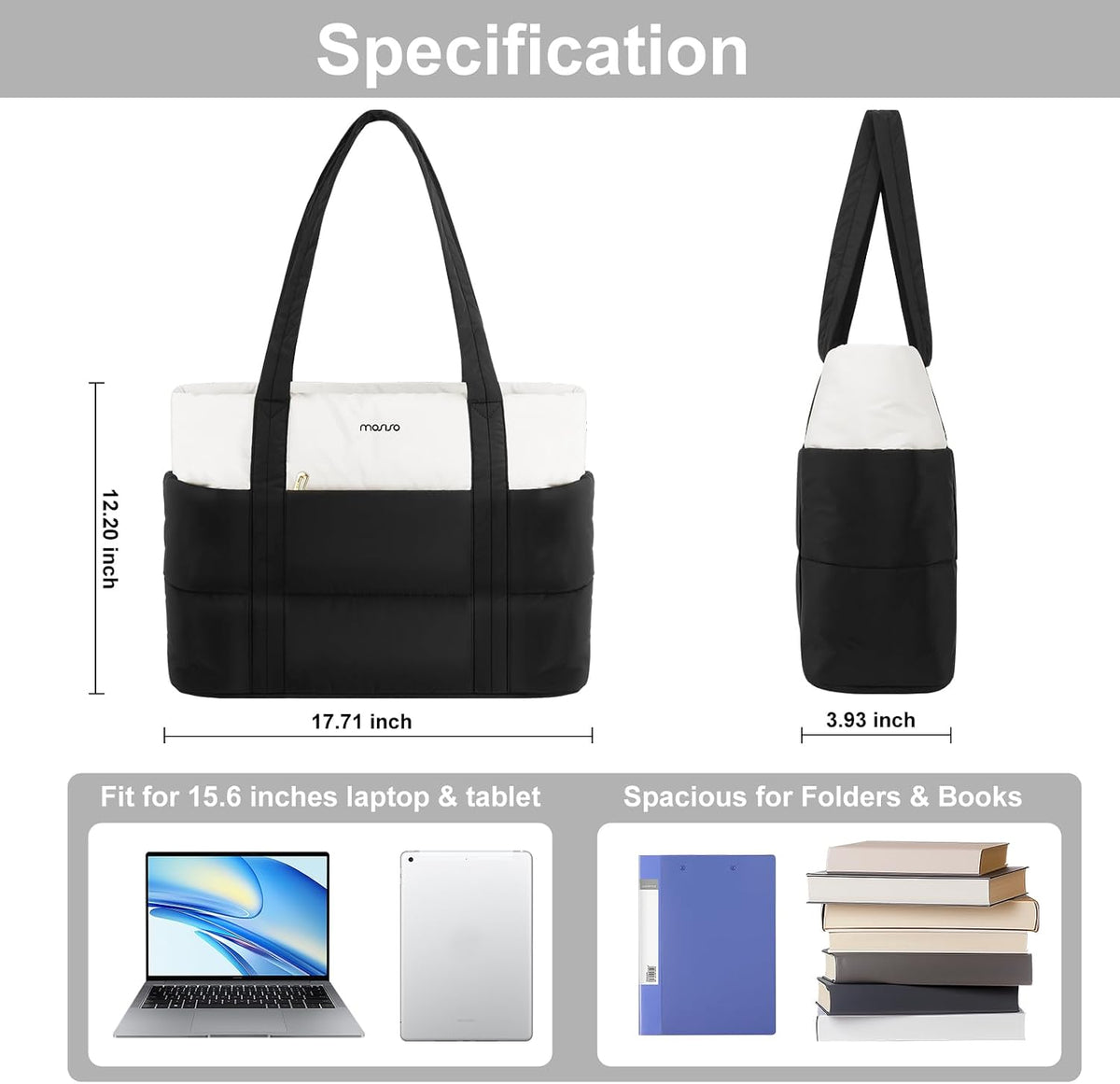 MOSISO Women Quilted‑Puffy‑Polyester 15‑16‑Inch Work‑Tote‑Bag,Multi‑Segment‑Pockets & Built‑In‑Rear‑Trolley‑Sleeve