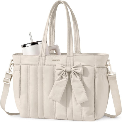 MOSISO Quilted-Puffy Laptop Tote Water-Resistant Multi-Pocket with Cup Holder, Anti-Theft Pocket, Trolley Sleeve & Removable Shoulder Strap, Fits 14-17.3Inch Laptop