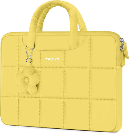 MOSISO Grid Quilted Puffy Laptop Sleeve with Padded Handle & Flower Charm, Shockproof Waterproof, Fits 13.3–16 Inch MacBook HP Dell ASUS Lenovo Notebook