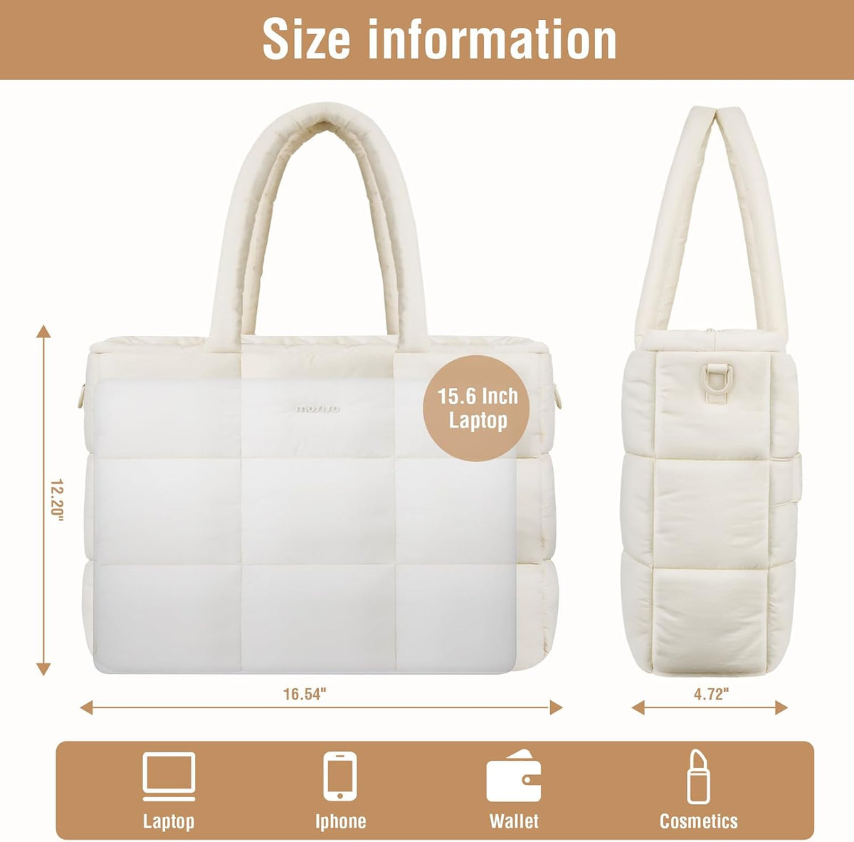 MOSISO Lightweight Puffy Quilted Women Laptop Tote Bag,15‑16‑Inch,Multi‑Pockets & Rear Trolley‑Sleeve