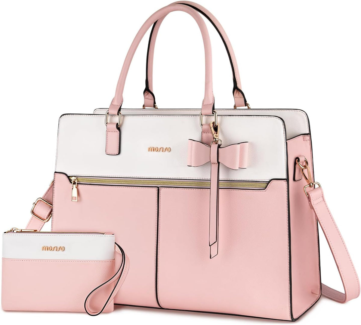 MOSISO Bow Accent Two-Tone Faux Leather Tote Set with Cosmetic Pouch, Multi-Pocket Laptop Tote Fits 15.6 & 17.3 Inch Laptop for Teacher College Women