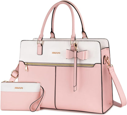 MOSISO Bow Accent Two-Tone Faux Leather Tote Set with Cosmetic Pouch, Multi-Pocket Laptop Tote Fits 15.6 & 17.3 Inch Laptop for Teacher College Women