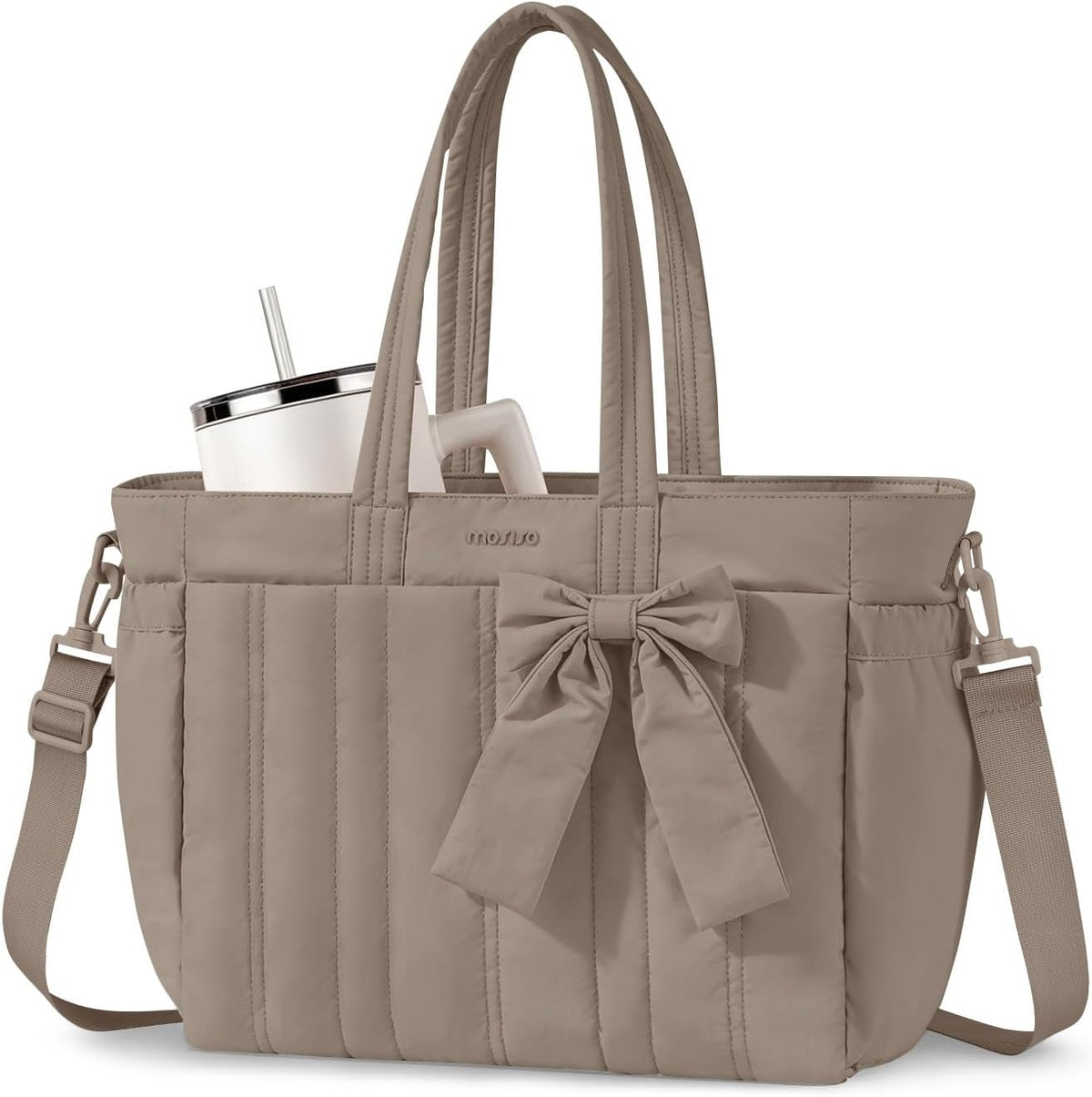 MOSISO Quilted-Puffy Laptop Tote Water-Resistant Multi-Pocket with Cup Holder, Anti-Theft Pocket, Trolley Sleeve & Removable Shoulder Strap, Fits 14-17.3Inch Laptop