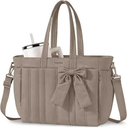 MOSISO Quilted-Puffy Laptop Tote Water-Resistant Multi-Pocket with Cup Holder, Anti-Theft Pocket, Trolley Sleeve & Removable Shoulder Strap, Fits 14-17.3Inch Laptop