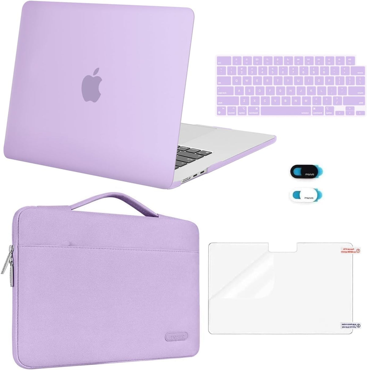MOSISO 5‑in‑1 Hard‑Shell & Carry‑Sleeve Kit for MacBook Air 15(A3448/A3241/A3114/A2941), Keyboard‑Cover, Screen‑Film & Webcam‑Cover