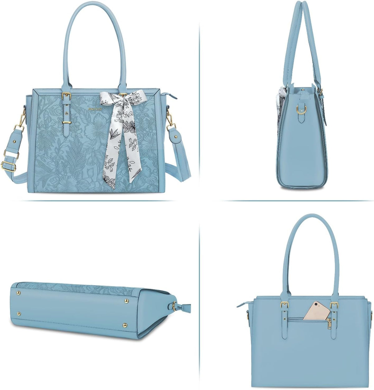 MOSISO Laptop Bag for Women, PU Leather Tote Bag, Front Embossed Retro Hibiscus Computer Bags with Silk Scarf&Clutch Purse iMosiso