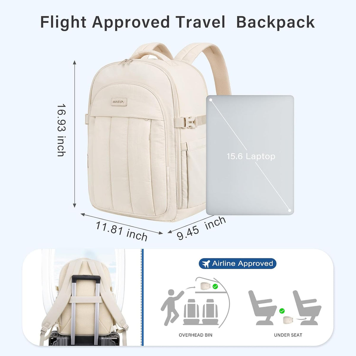 MOSISO 30L Women Travel Carry‑On Backpack, 180‑Degree Opening, Shoe‑Compartment, 15.6‑Inch Laptop Sleeve with Luggage‑Strap for Travel Commute