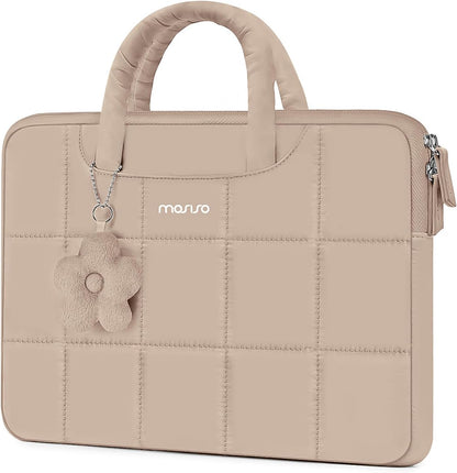 MOSISO Grid Quilted Puffy Laptop Sleeve with Padded Handle & Flower Charm, Shockproof Waterproof, Fits 13.3–16 Inch MacBook HP Dell ASUS Lenovo Notebook