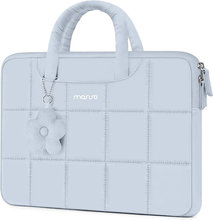 MOSISO Grid Quilted Puffy Laptop Sleeve with Padded Handle & Flower Charm, Shockproof Waterproof, Fits 13.3–16 Inch MacBook HP Dell ASUS Lenovo Notebook
