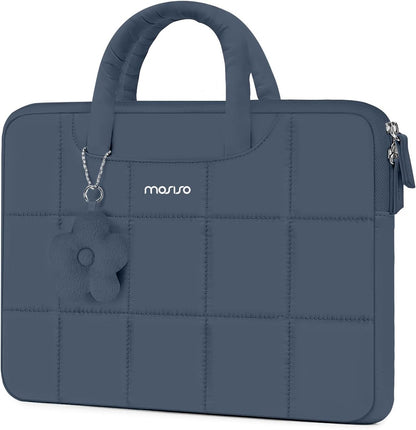 MOSISO Grid Quilted Puffy Laptop Sleeve with Padded Handle & Flower Charm, Shockproof Waterproof, Fits 13.3–16 Inch MacBook HP Dell ASUS Lenovo Notebook