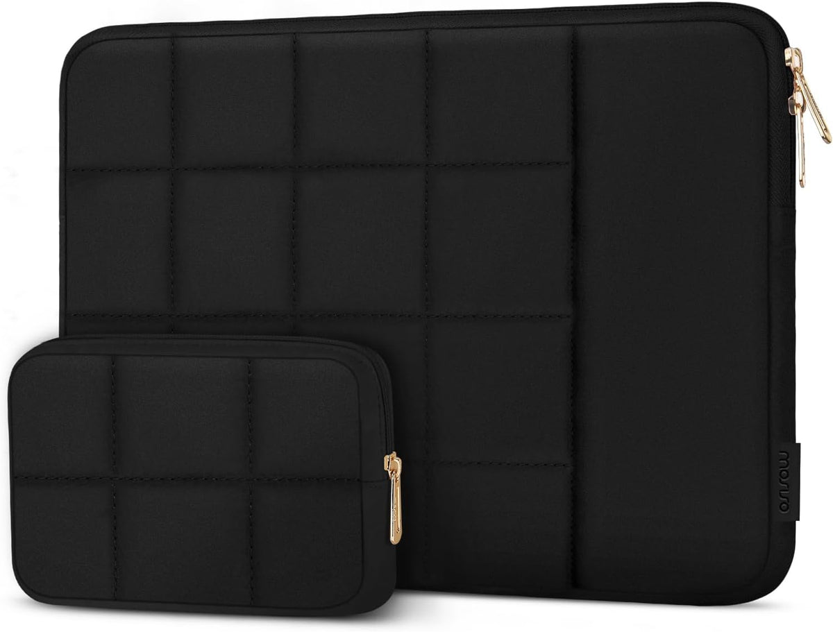 MOSISO Twelve Square Quilted Puffy Laptop Sleeve with Vertical Front Pocket & Matching Accessory Pouch, Fits 13–16 Inch MacBook HP Dell ASUS Notebook