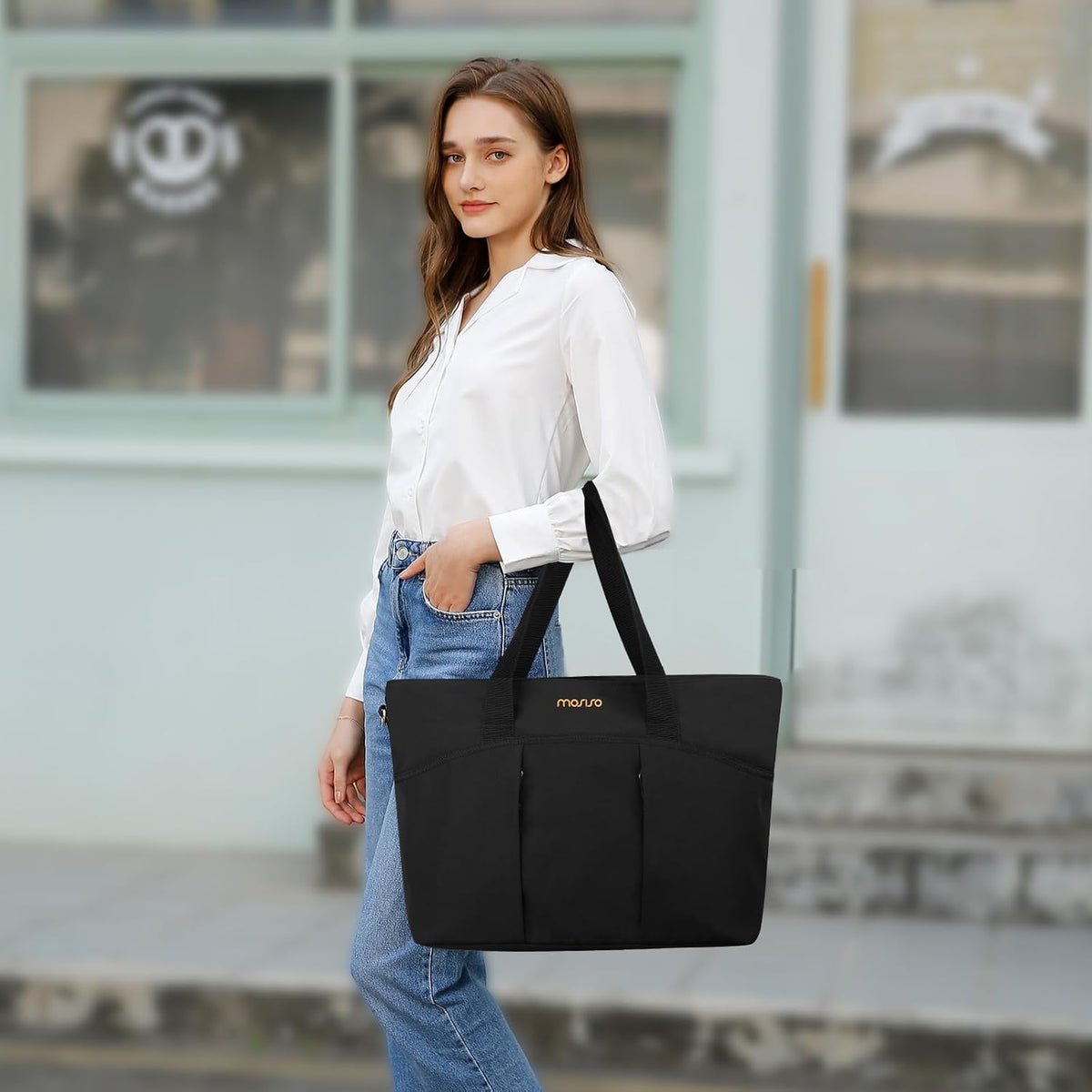 MOSISO Large‑Capacity Canvas Teacher Laptop Tote Bag,15.6‑Inch,Multi‑Pockets & Rear Trolley‑Sleeve