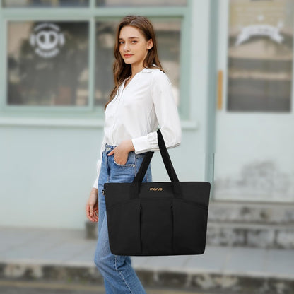 MOSISO Large‑Capacity Canvas Teacher Laptop Tote Bag,15.6‑Inch,Multi‑Pockets & Rear Trolley‑Sleeve