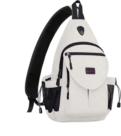 MOSISO Canvas Sling Backpack, Daypack with Anti-Theft Pocket, Dual Mesh Bottle Holders & Earphone Hole, Fits 11 Inch Tablet for Hiking Travel Commute