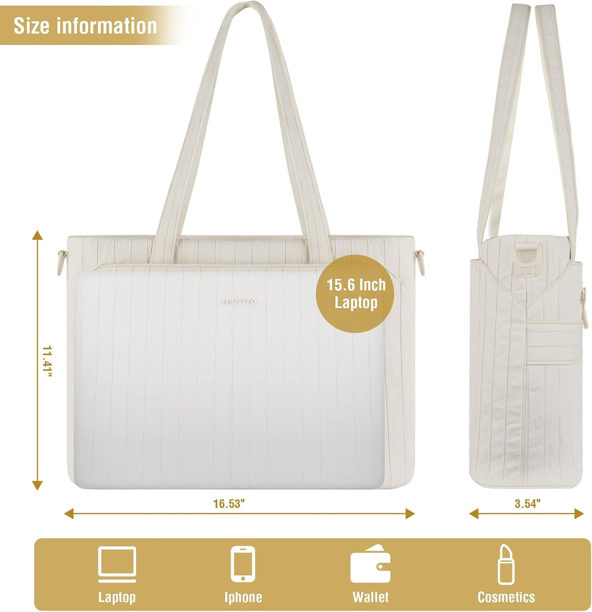 MOSISO Large‑Capacity Women Work Tote Bag, Zipper‑Closure,15.6‑Inch Padded Laptop‑Sleeve, Removable‑Strap & Rear Luggage‑Strap