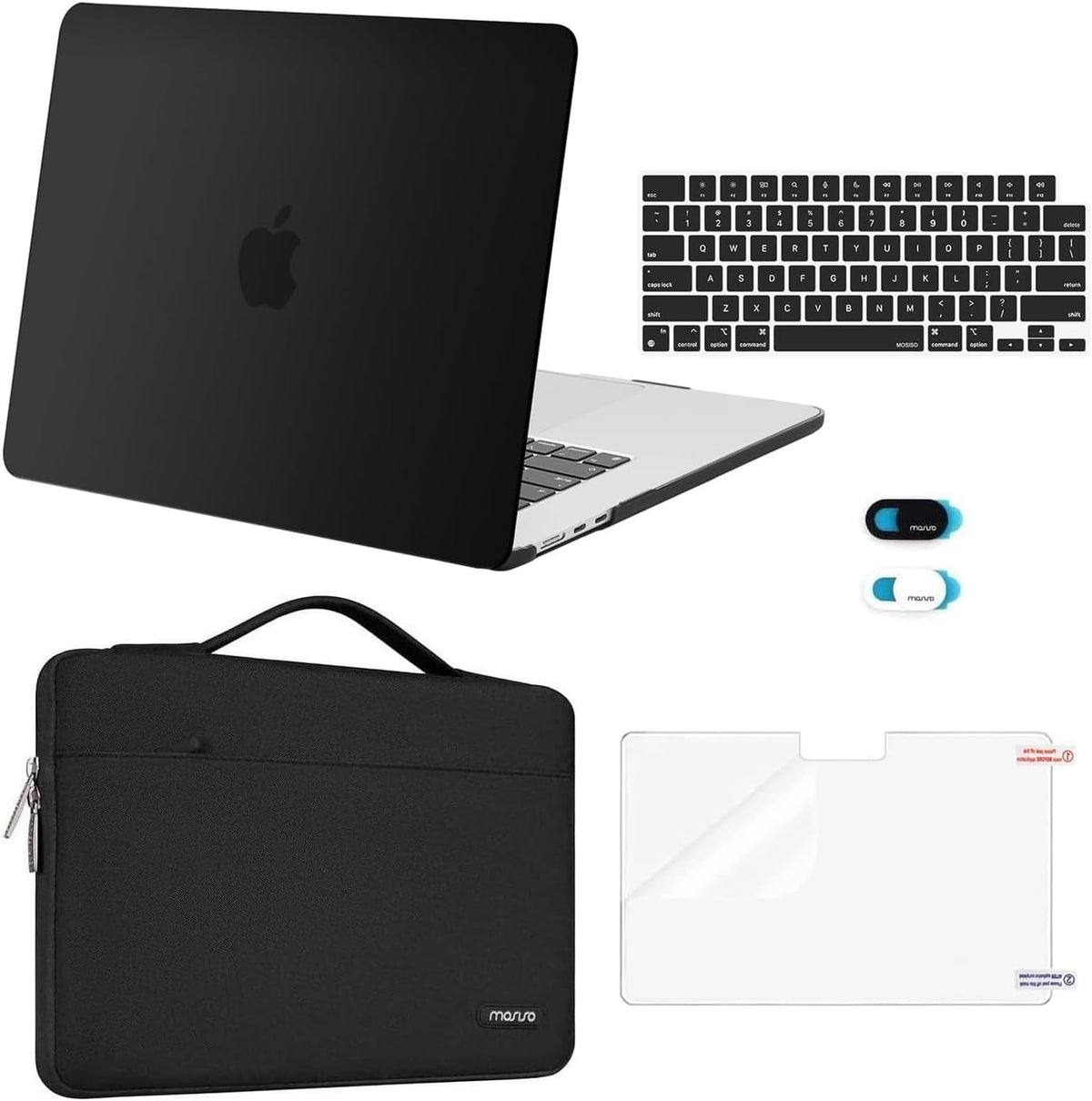 MOSISO 5‑in‑1 Hard‑Shell & Carry‑Sleeve Kit for MacBook Air 15(A3448/A3241/A3114/A2941), Keyboard‑Cover, Screen‑Film & Webcam‑Cover