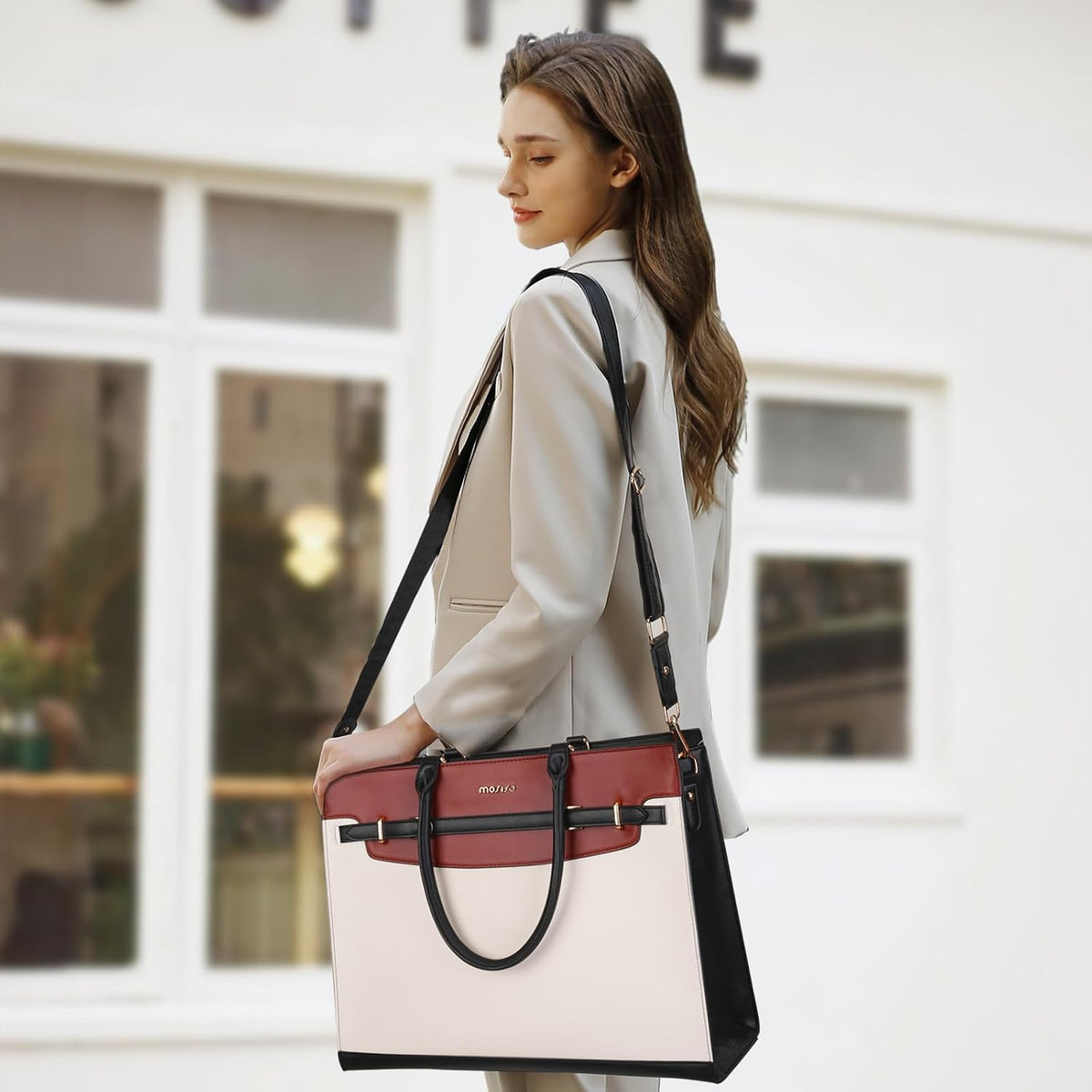 MOSISO Women PU-Leather 15.6-Inch Laptop Tote Bag,3-Multi-Compartment,Removable-Adjustable-Strap & Rivet-Reinforced-Base