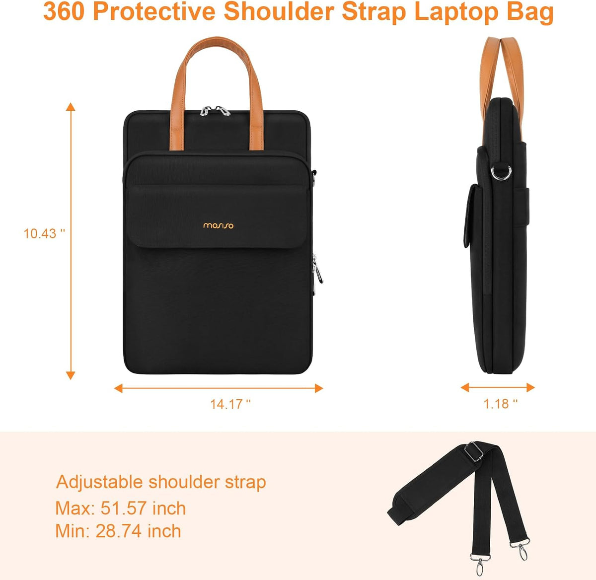 MOSISO Men’s 360‑Edge Reinforced Vertical Laptop Messenger Bag, 13‑14‑Inch, Multi‑Pockets, Removable‑Strap & Rear Trolley‑Sleeve